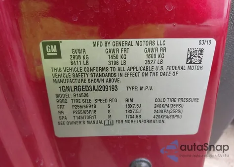 2010 Chevrolet Traverse Lt z USA, uszkodzony, nr VIN 1GNLRGED3AJ209193